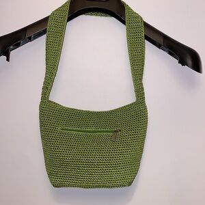 THE SAK Crocheted Silver-Tone Branded Zipper Purse Shoulder Bag Green VGUC